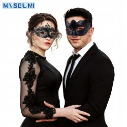 Outlet MYSEUNI Czarna maska wenecka z kryształkami na Halloween i karnawał