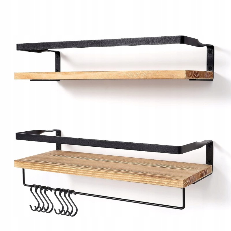 Outlet Wisząca Półka Ścienna Drewniana 42x15x7,5cm z Haczykami, max 15kg