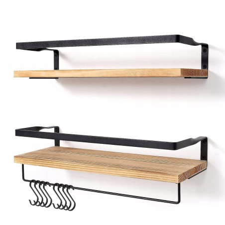 Outlet Wisząca Półka Ścienna Drewniana 42x15x7,5cm z Haczykami, max 15kg