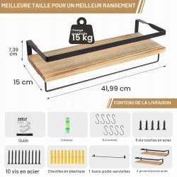 Outlet Wisząca Półka Ścienna Drewniana 42x15x7,5cm z Haczykami, max 15kg