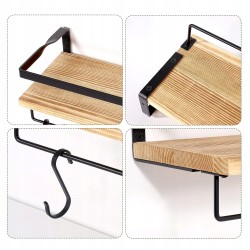 Outlet Wisząca Półka Ścienna Drewniana 42x15x7,5cm z Haczykami, max 15kg