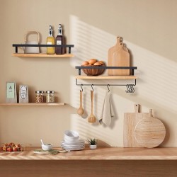 Outlet Wisząca Półka Ścienna Drewniana 42x15x7,5cm z Haczykami, max 15kg