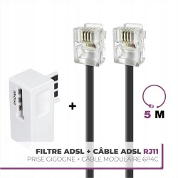 Outlet Kabel ADSL RJ11 RJ11 Męski 5m + Filtr ADSL Biały APM Czarny