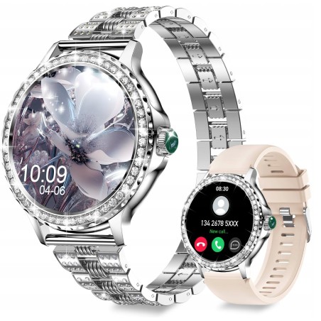 Outlet Smartwatch dla kobiet 1.3” HD IP68, monitor tętna SpO2, srebrny