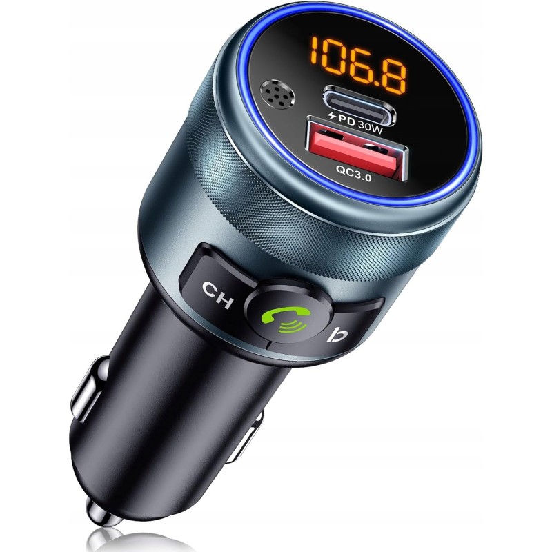 Outlet Transmiter BT samochodowy FM GizmoVine z gniazdem USB-C Czarny