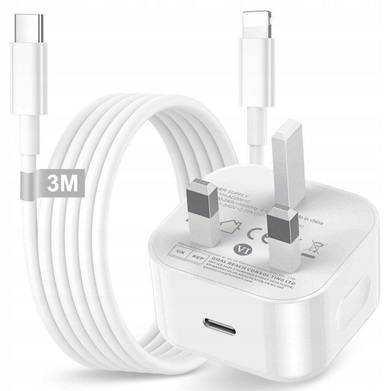 Outlet KINPEE ładowarka iPhone 20W USB-C z kablem Lightning 3m wtyczka UK
