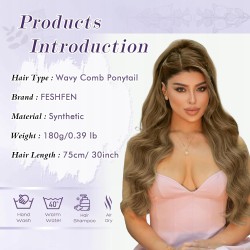 FESHFEN 75cm Syntetyczny Kucyk Jasnobrązowy z Kordelkiem Mix Blond
