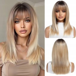 Outlet Peruka damska OUFEI syntetyczna długa z grzywka 43cm ciemny blond