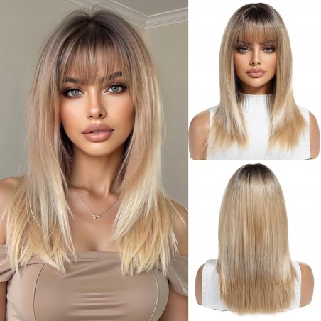 Outlet Peruka damska OUFEI syntetyczna długa z grzywka 43cm ciemny blond
