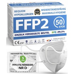 Maseczki Ochronne FFP2 NR D Białe 50 szt. Certyfikat CE BFE 99,5% 5 Warstw