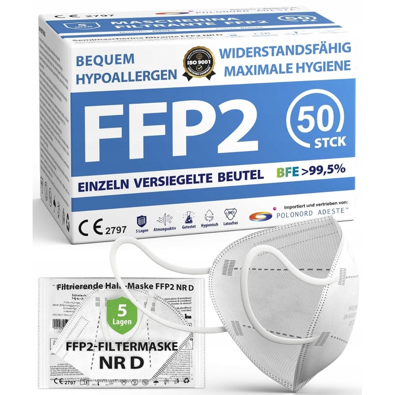 Maseczki Ochronne FFP2 NR D Białe 50 szt. Certyfikat CE BFE 99,5% 5 Warstw