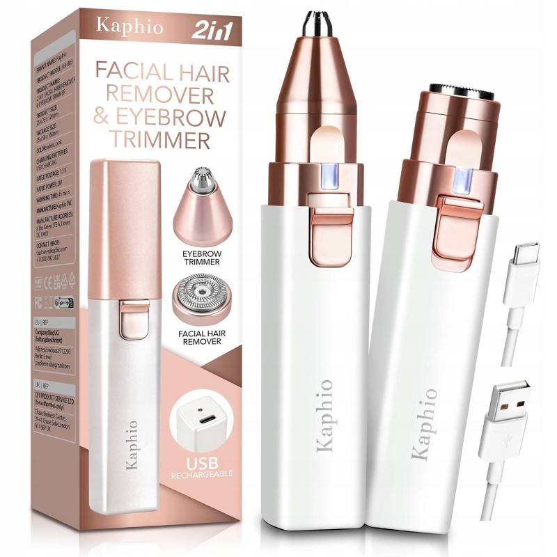 Kaphio Trymer 2w1 do twarzy i brwi z LED, depilator USB, Rose Gold