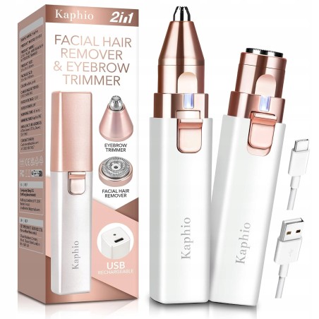 Kaphio Trymer 2w1 do twarzy i brwi z LED, depilator USB, Rose Gold