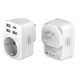 Outlet Adapter Wtyczki Podróżnej Wtyk USA-EU 3xUSB + 1xUSB-C Biały