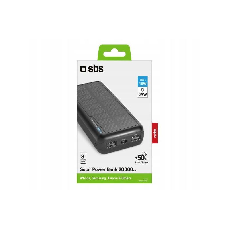 Outlet Powerbank solarny SBS TTBB20000SK 20000 mAh 10W 2x USB-A/ 1x USB-C