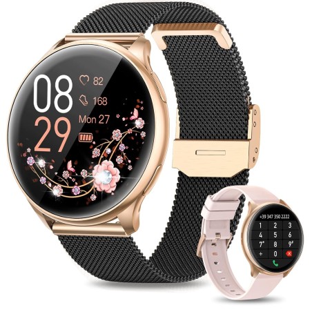 Outlet RUXINGX Damski smartwatch 1,32″ BT IP67 złoto-czarny, 2 paski