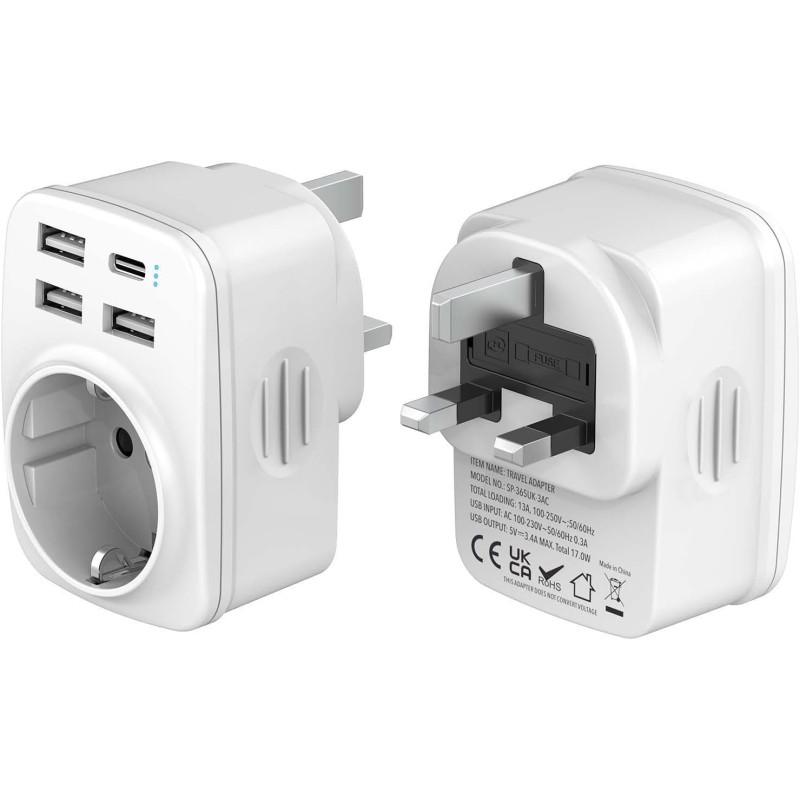 Outlet Adapter podróżny do Anglii UK typ G gniazdo EU 3 USB-A 1 USB-C