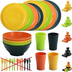 Evanda Zestaw naczyń plastikowych 27sztuk lekkie do zmywarki na kempingOPIS