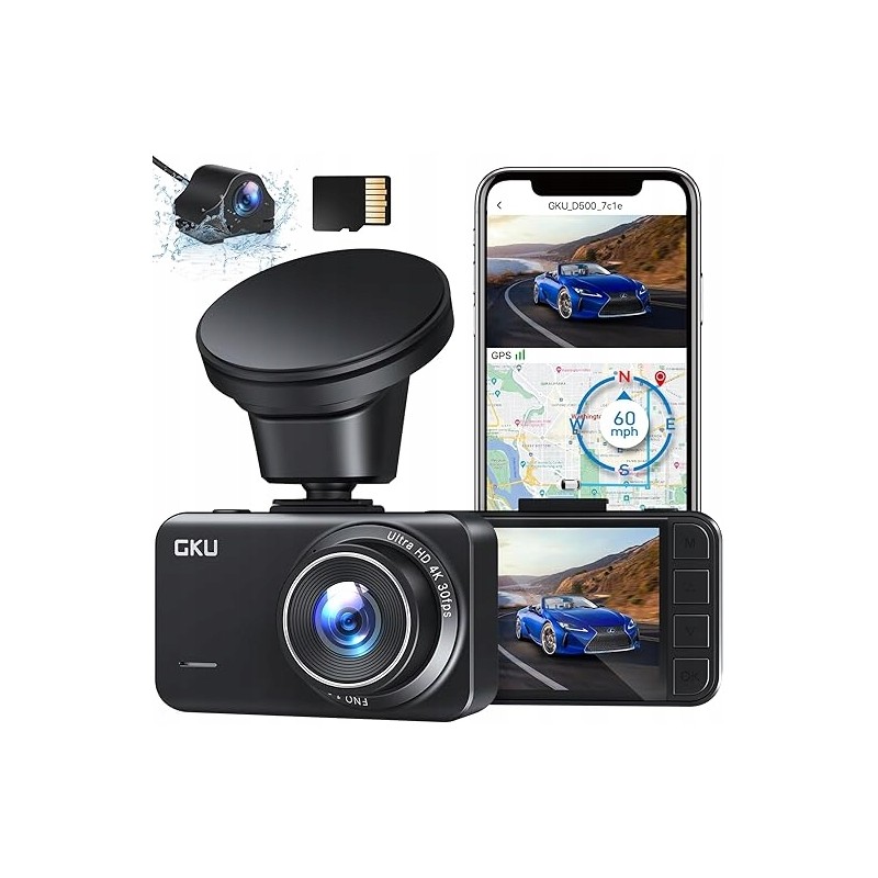 GKU Dash Cam Car Przód Tył 4K + 2.5K GPS WiFi Dash Cam z kartą SD 32 GB GKU Dash Cam Car Przód Tył 4K + 2.5K GPS WiFi Dash Cam z kartą SD 32 GB
