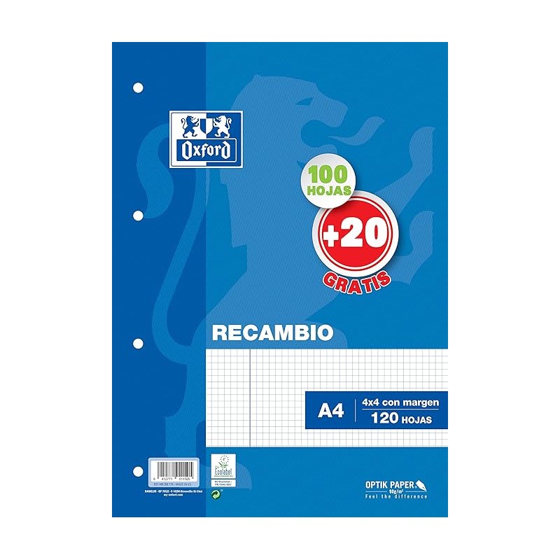 Outlet Oxford papier zamienny 120 sztuki OPTIK 4x4 biały w kratke margines Outlet Oxford papier zamienny 120 sztuki OPTIK 4x4 biały w kratke margines
