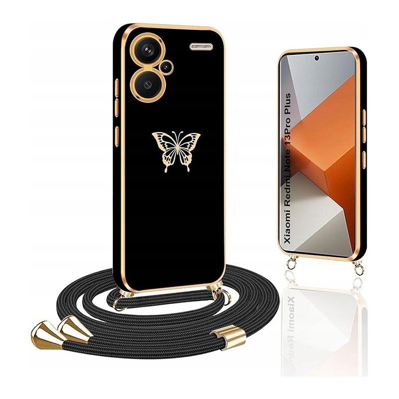 Outlet Etui na Xiaomi Redmi Note 13 Pro Plus czarny/złoty sznurek z motylem Outlet Etui na Xiaomi Redmi Note 13 Pro Plus czarny/złoty sznurek z motylem