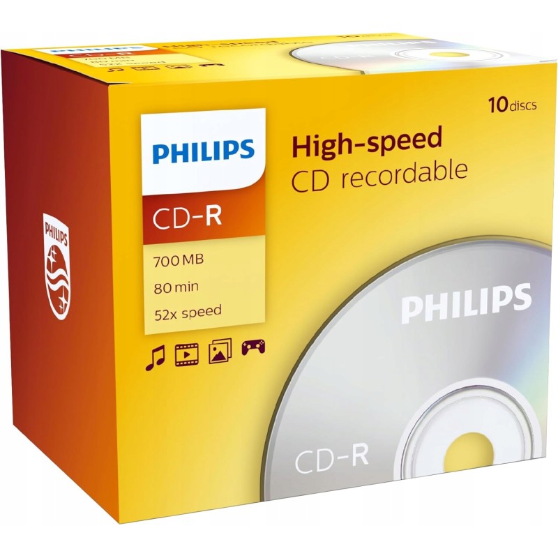 Outlet Płyta CD Philips CD-R 700 MB 80 min prędkość 52x 10 płyt w zestawie Outlet Płyta CD Philips CD-R 700 MB 80 min prędkość 52x 10 płyt w zestawie