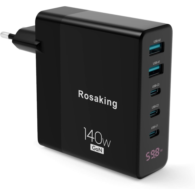 Rosaking Ładowarka USB C 140W, szybka ładowarka GAN,5 portów USB C/A OPIS