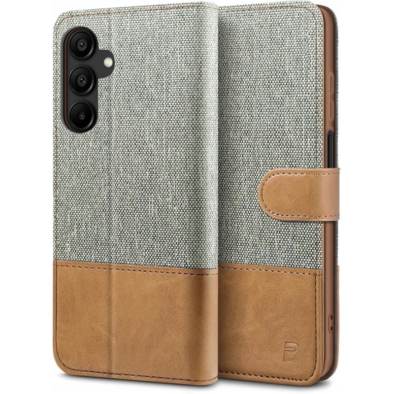 Etui BEZ do Samsunga A15 z klapką ze skóry portfel funkcja podstawki szare