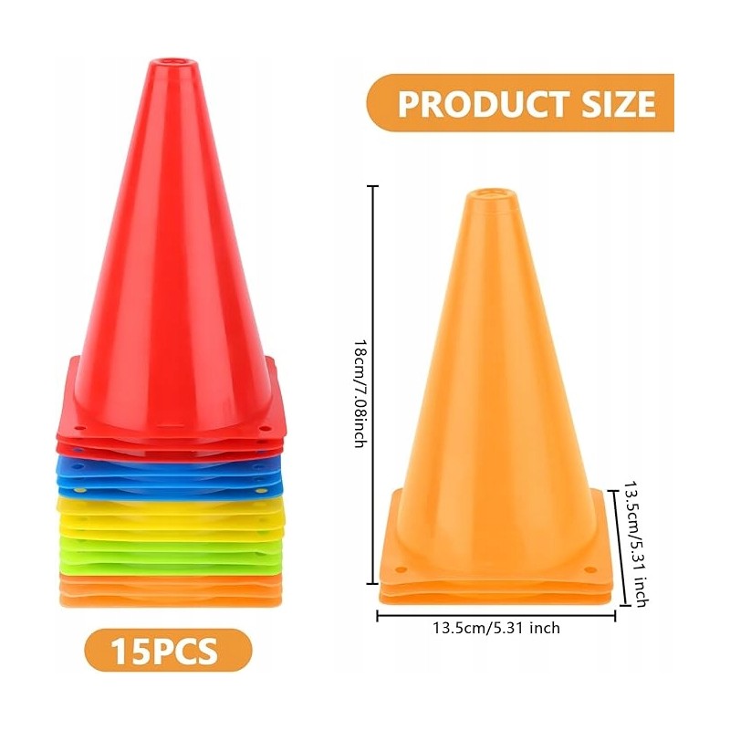 Zestaw Pachołków 15 sztuk do znakowania piłki nożnej TNOMSNO 18 cm OPIS