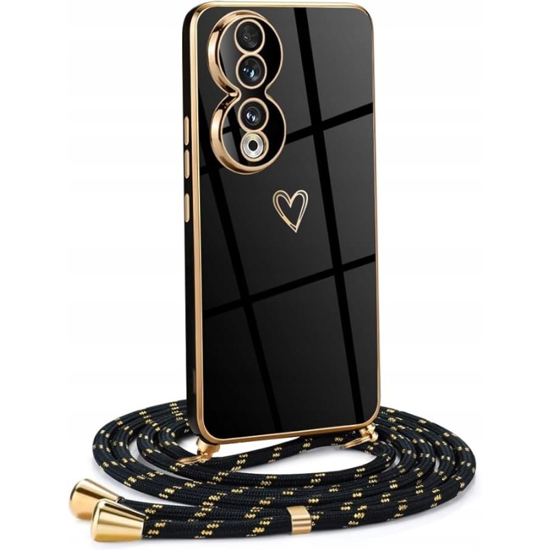 Outlet Etui ochronne plecki ze sznurkiem do Honor 90 czarne z złotym sercem Outlet Etui ochronne plecki ze sznurkiem do Honor 90 czarne z złotym sercem