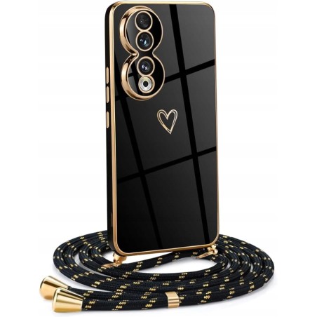 Outlet Etui ochronne plecki ze sznurkiem do Honor 90 czarne z złotym sercem
