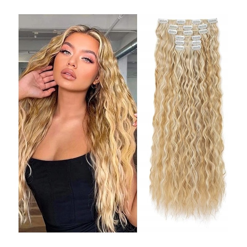 FLUFYMOOZ Przedłużenie włosów klipsem syntetyczne pasemka jasny blond fale