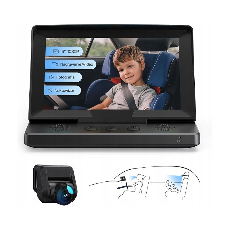 Kamera samochodowa dla niemowląt WOLFANG 1080P z 5-calowym ekranem OPIS
