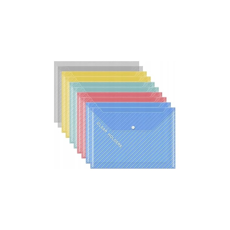 Zestaw 10 kolorowych plastikowych teczek A4 z zatrzaskiem na dokumenty OPIS