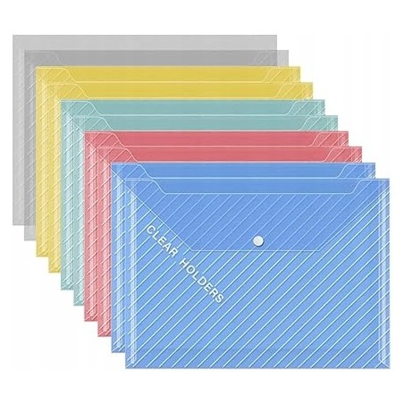 Zestaw 10 kolorowych plastikowych teczek A4 z zatrzaskiem na dokumenty OPIS