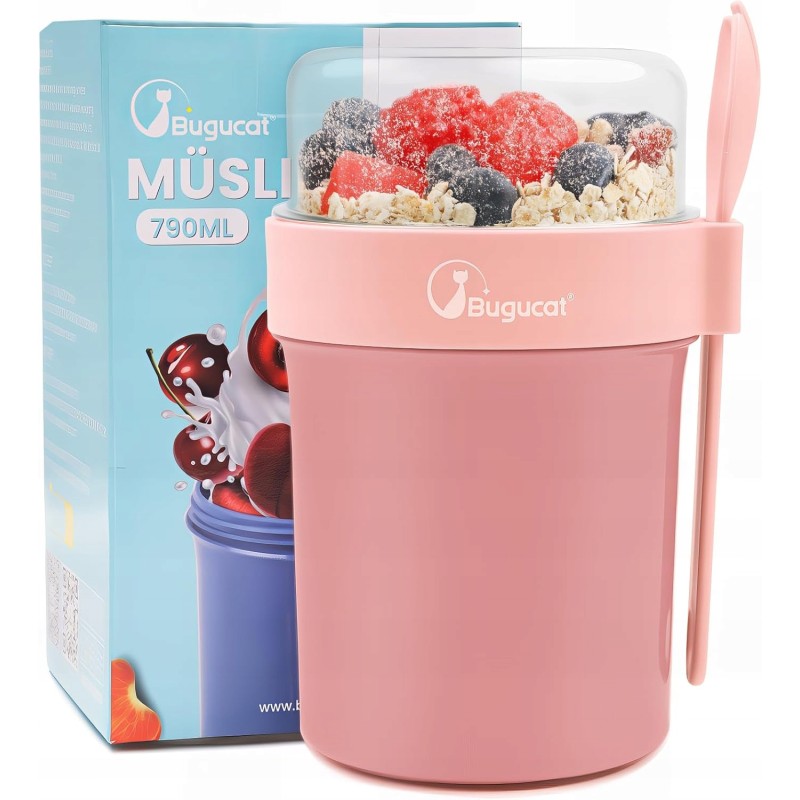 Kubek pojemnik Bugucat To Go różowy szczelny 760ml+230ml na musli śniadanie