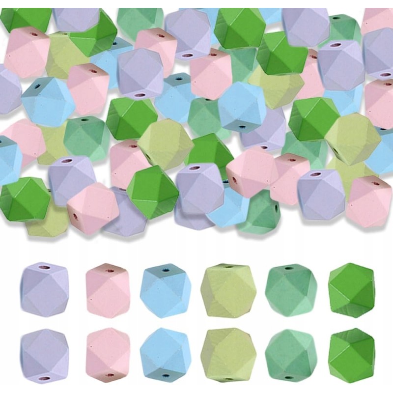 Outlet Kolorowe drewniane koraliki 60 drewnianych kulek ośmiokątne 20 mm