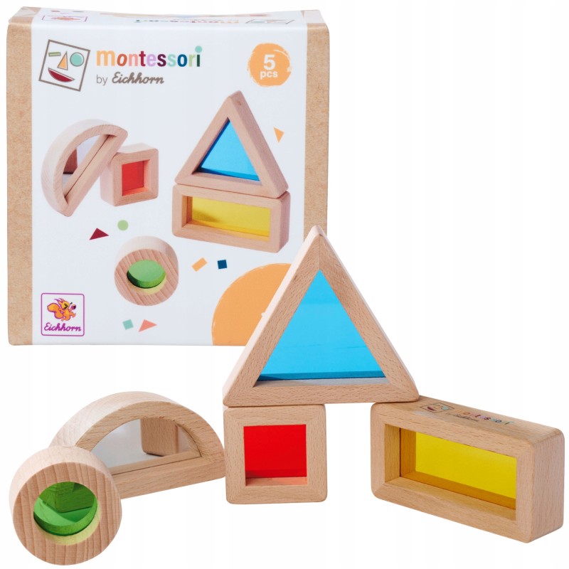 MONTESSORI DREWNNIANE KOLOROWE KLOCKI RÓŻNE KSZTAŁTY 5 ELEMENTÓW CE 1+