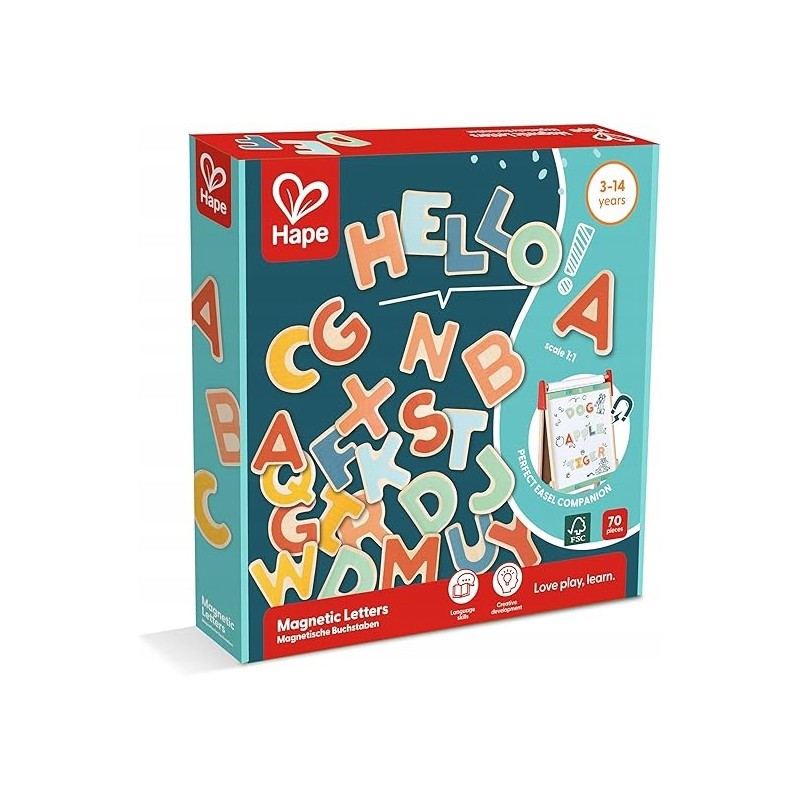 Outlet Magnetyczne literki HAPE drewniane 70szt. 1:1 FSC CE do nauki 3+