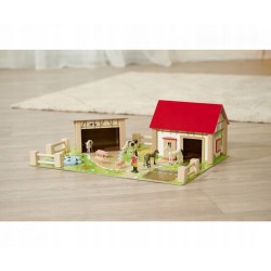 OUTLET DUŻA DREWNIANA FARMA ZAGRODA + FIGURKI ZWIERZĄT KONIE ŚWINKI STAJNIA