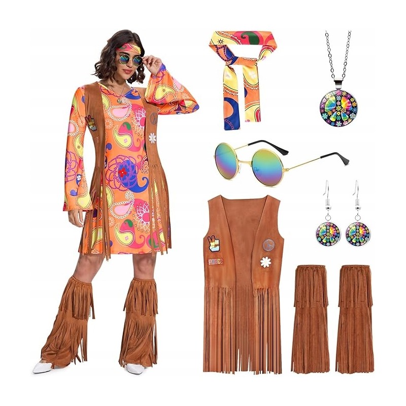 Ulikey Strój Hippie Lata 70 Damski Karnawał Kamizelka Frędzle Retro r. M