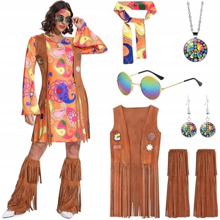 Ulikey Strój Hippie Lata 70 Damski Karnawał Kamizelka Frędzle Retro r. M