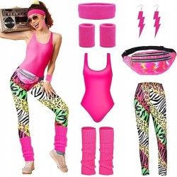 Kostium Lata 80 Damski Neonowy Zestaw Disco Akcesoria Retro Karnawał r. XL
