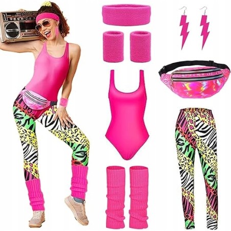 Kostium Lata 80 Damski Neonowy Zestaw Disco Akcesoria Retro Karnawał r. XL