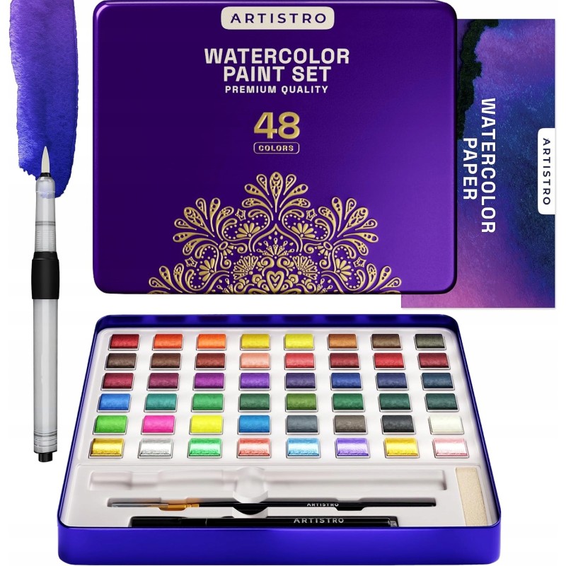 Outlet Artistro Farby Akwarelowe 48 Kolorów Zestaw w Metalowym Pudełku