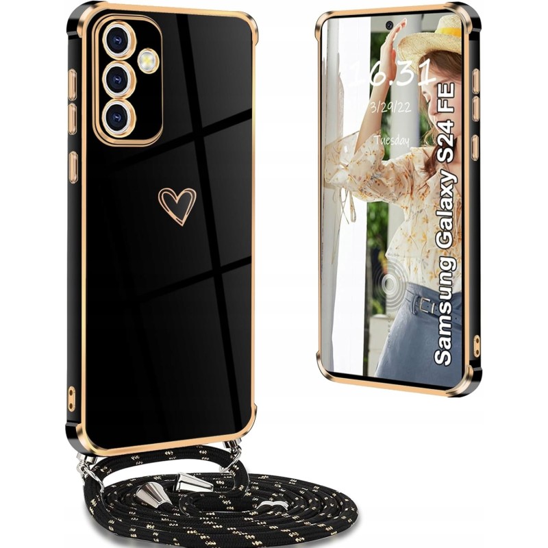 Outlet Etui do Samsung S24 FE czarne z sercem + smycz ochrona Shockproof