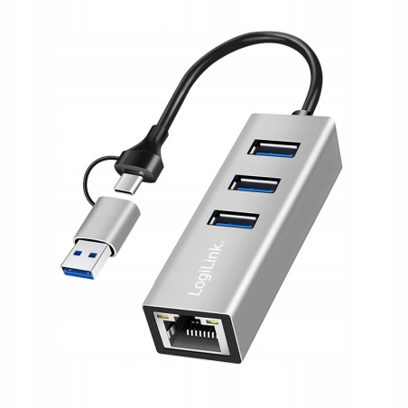 Outlet Hub USB-C/USB-A LogiLink 3x USB 3.0 RJ45 Ethernet sieciowy 1G 5Gbs