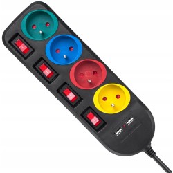 Outlet Przedłużacz listwa zasilająca 4 kolorowe gniazda 1,5m ładowarka USB