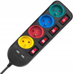 Outlet Przedłużacz listwa zasilająca 4 kolorowe gniazda 1,5m ładowarka USB