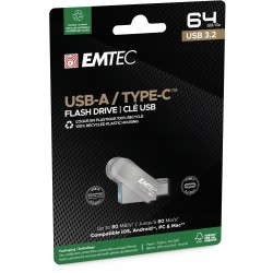 Outlet Pendrive Emtec D280 64GB USB 3.2 Dual USB-C USB-A szary